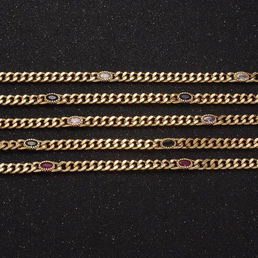 24k gold filled unfinished flat curb chain with crystal cubic zirconia cz oval stone by meter