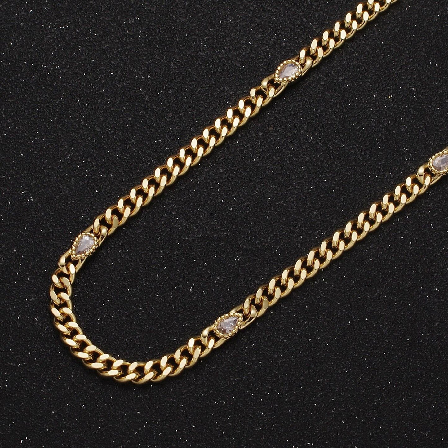 24k gold filled unfinished flat curb chain with crystal cubic zirconia cz teardrop stone by meter