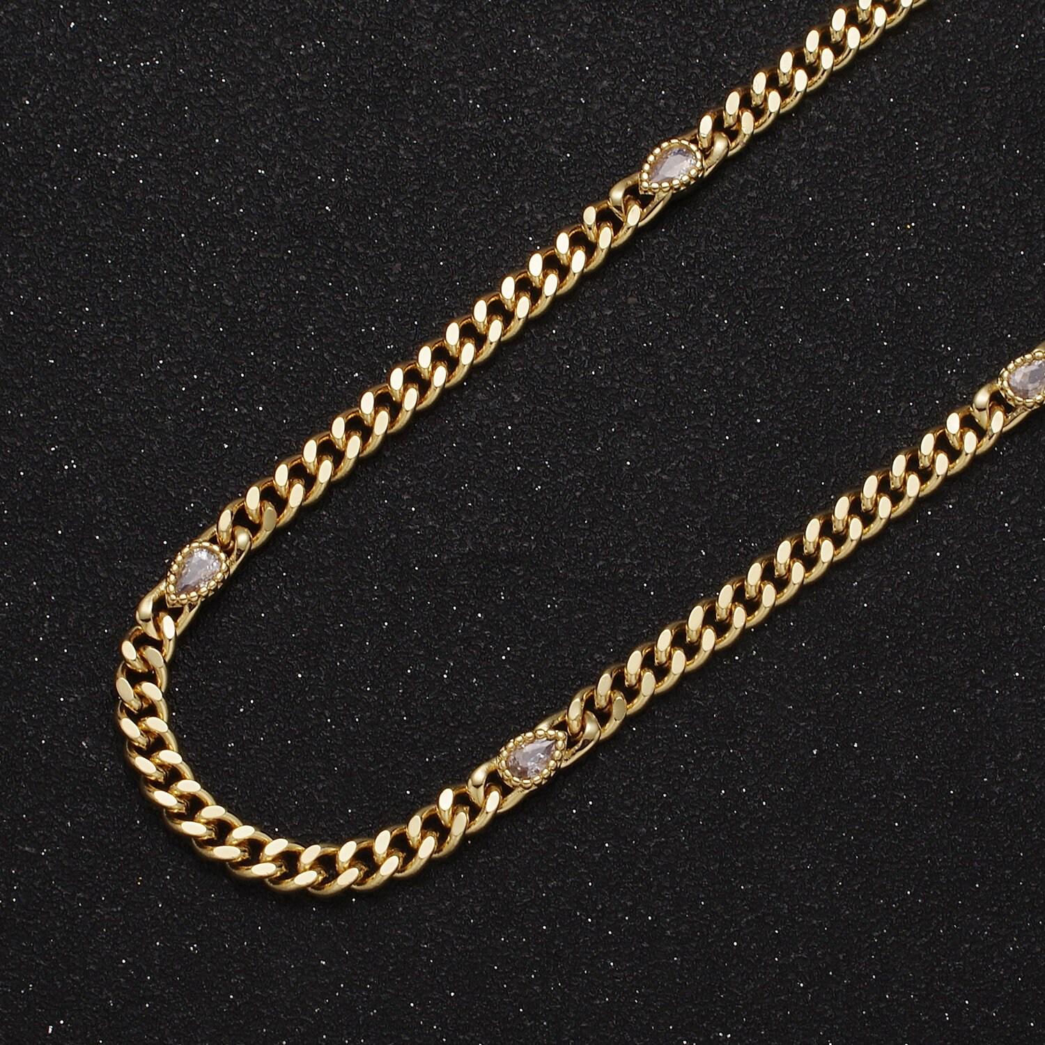 24k gold filled unfinished flat curb chain with crystal cubic zirconia cz teardrop stone by meter