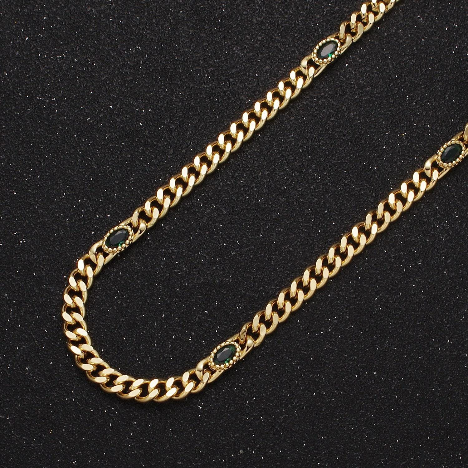 24k gold filled unfinished flat curb chain with crystal cubic zirconia cz oval stone by meter
