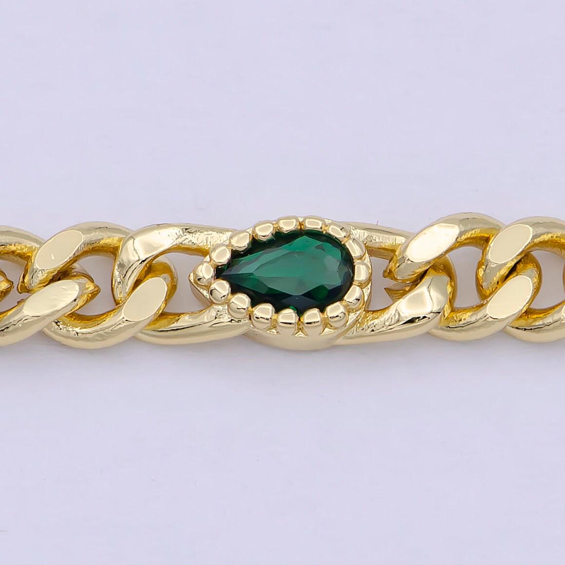24k gold filled unfinished flat curb chain with crystal cubic zirconia cz teardrop stone by meter