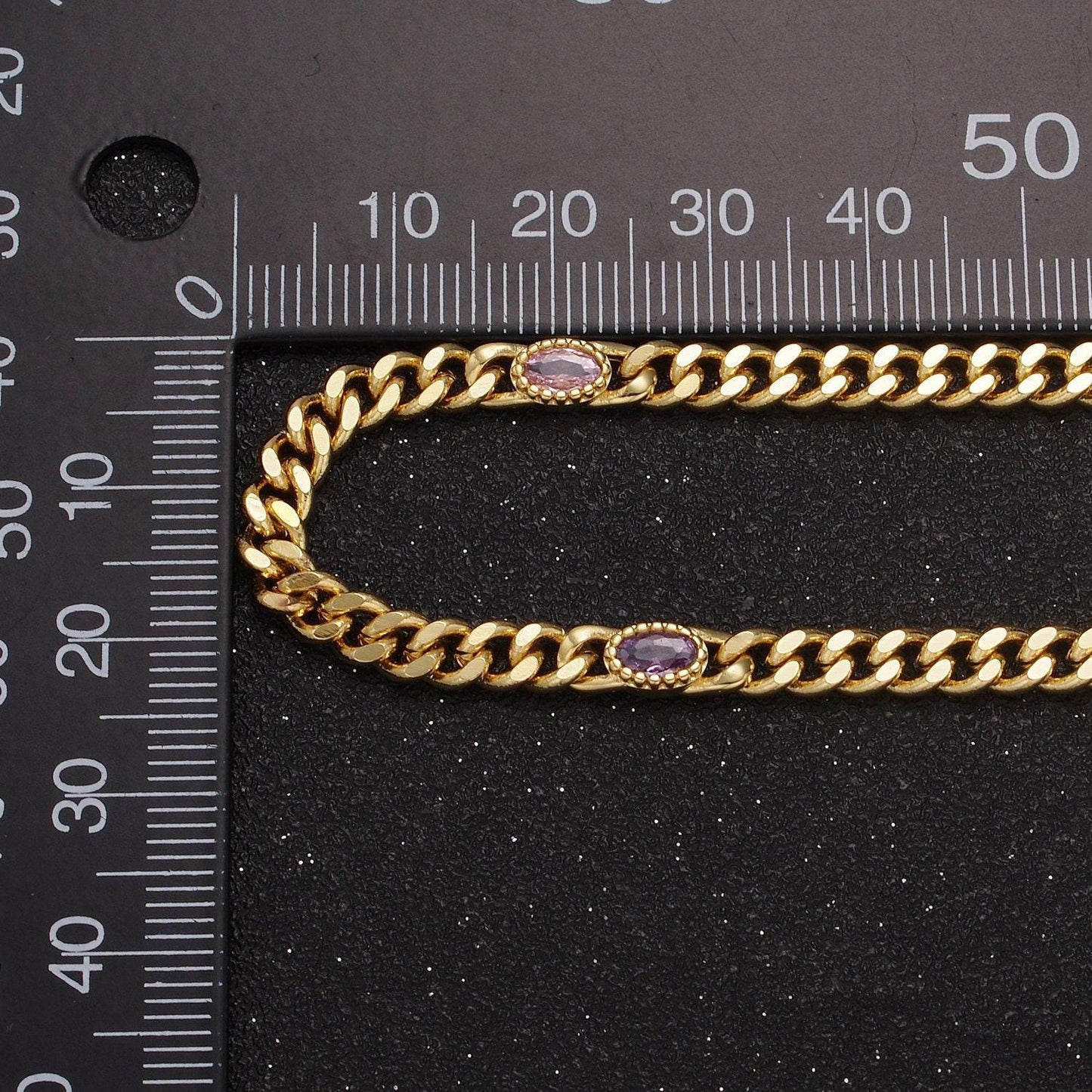 24k gold filled unfinished flat curb chain with crystal cubic zirconia cz oval stone by meter