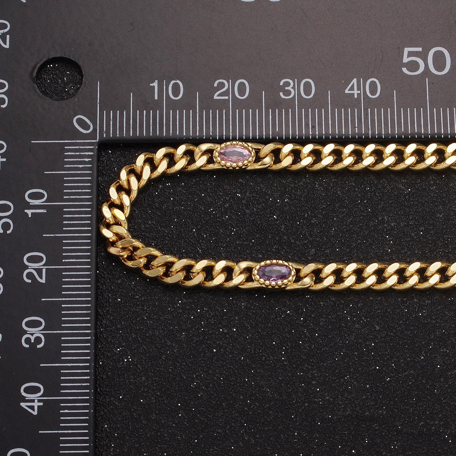 24k gold filled unfinished flat curb chain with crystal cubic zirconia cz oval stone by meter