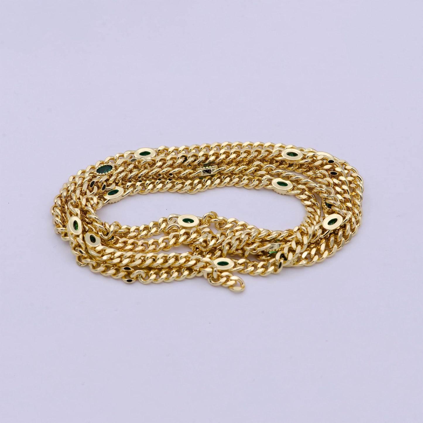 24k gold filled unfinished flat curb chain with crystal cubic zirconia cz oval stone by meter