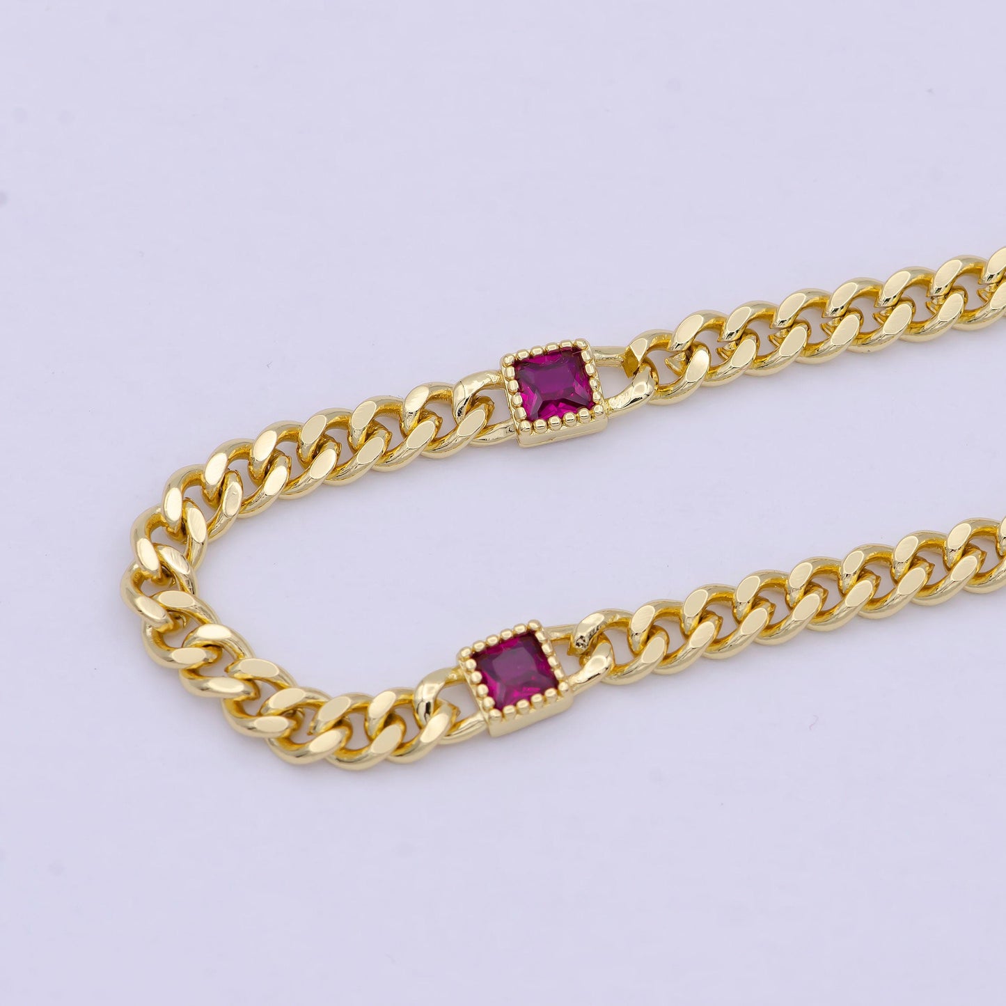 24k gold filled flat curb chain with cubic zirconia cz square connector, 4.5mm in width unfinished curb chain by meter for jewelry making