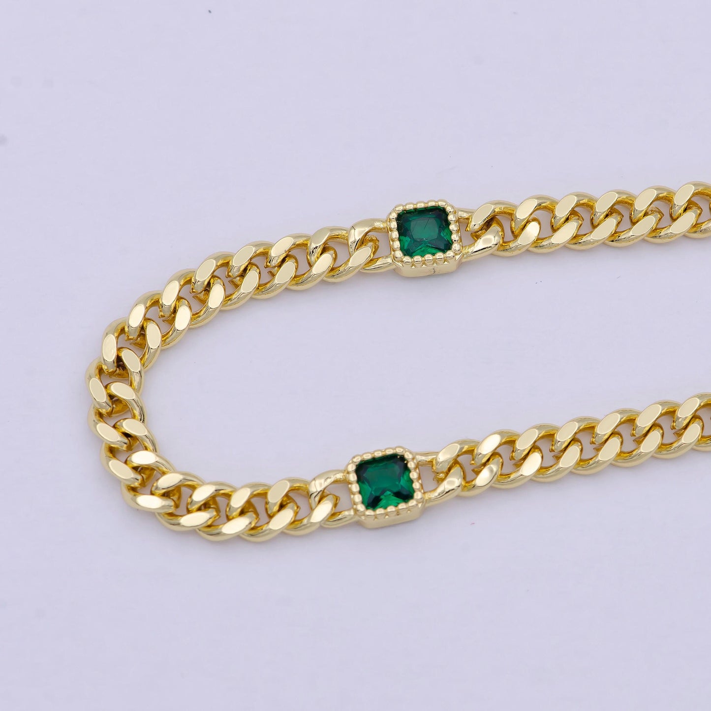 24k gold filled flat curb chain with cubic zirconia cz square connector, 4.5mm in width unfinished curb chain by meter for jewelry making