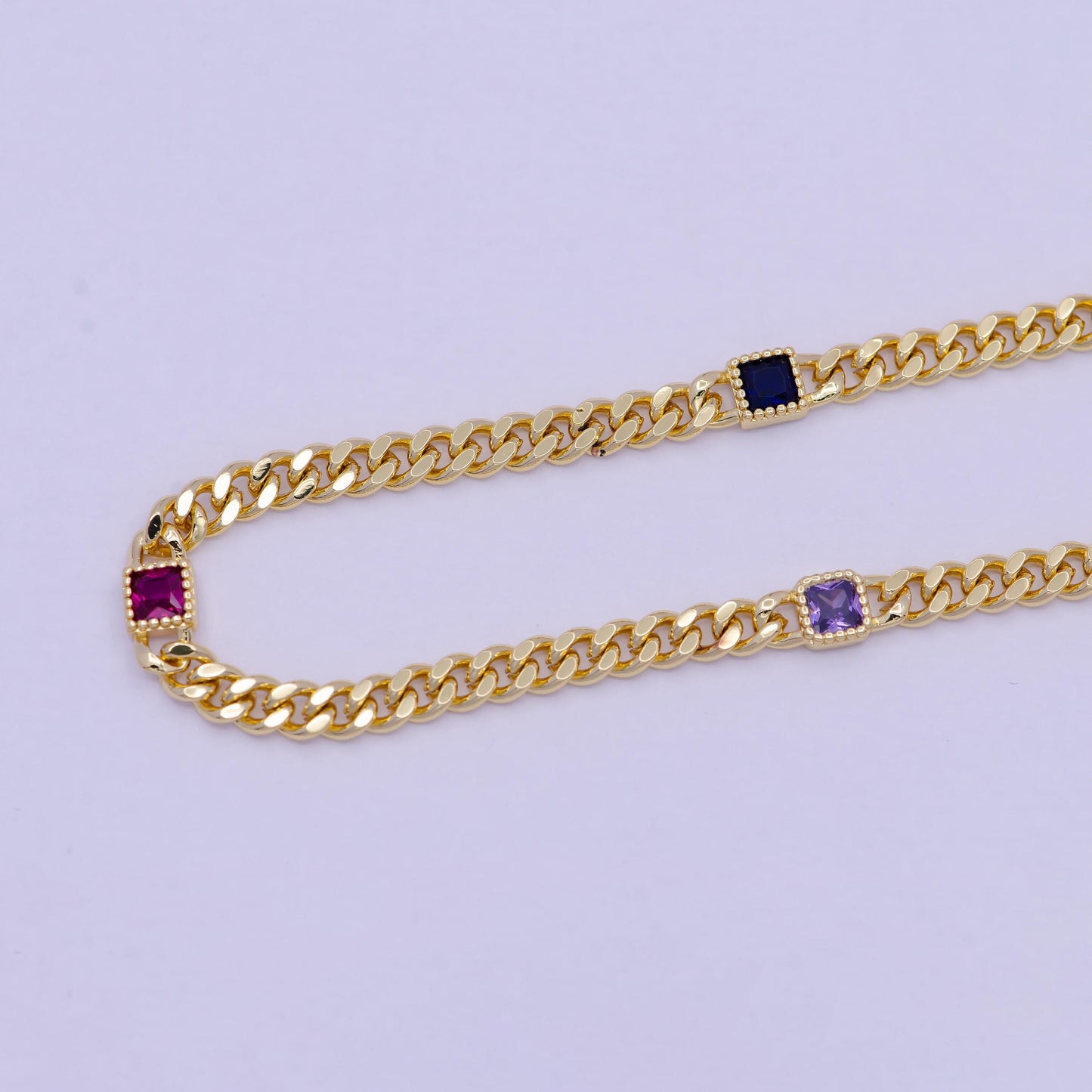 24k gold filled flat curb chain with cubic zirconia cz square connector, 4.5mm in width unfinished curb chain by meter for jewelry making