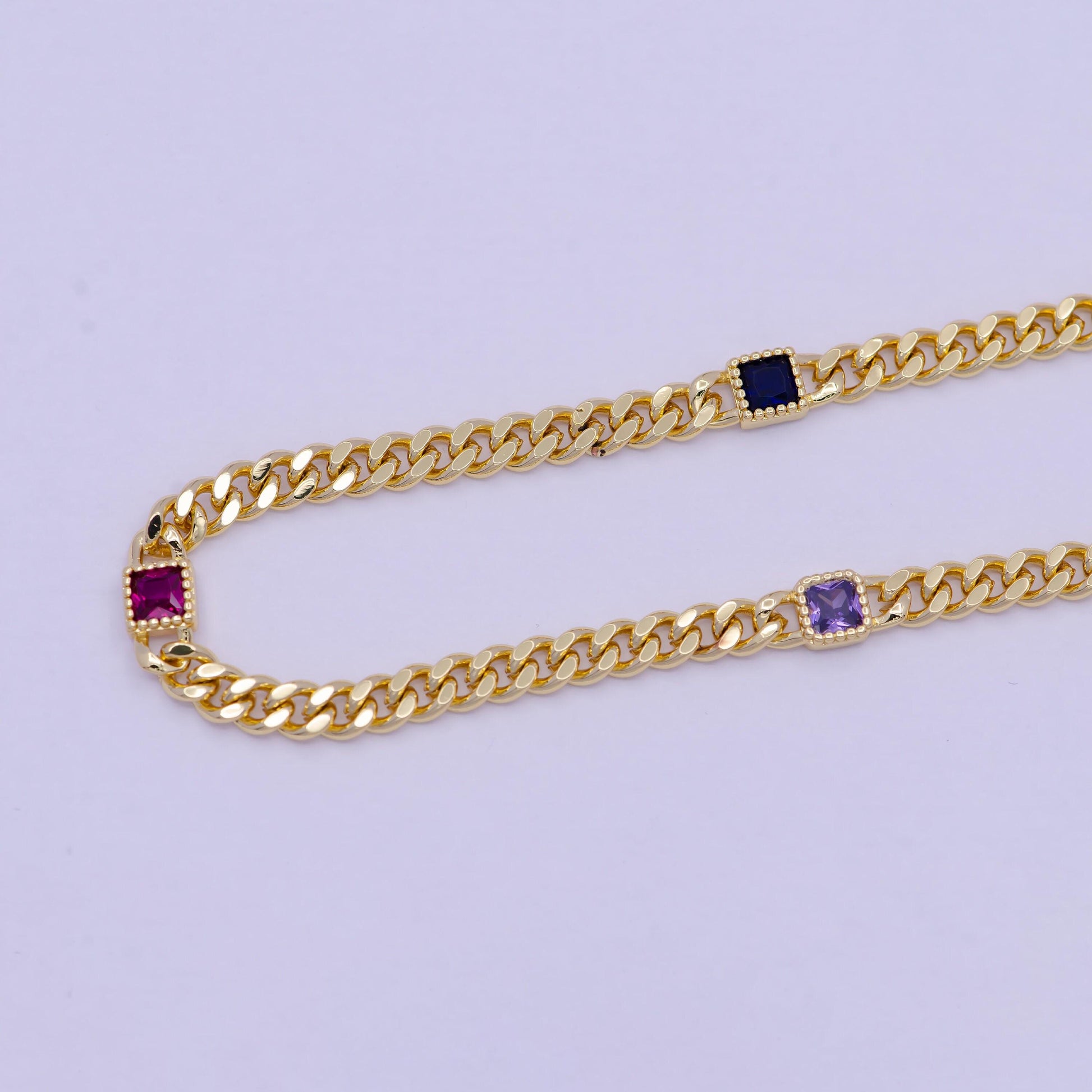 24k gold filled flat curb chain with cubic zirconia cz square connector, 4.5mm in width unfinished curb chain by meter for jewelry making