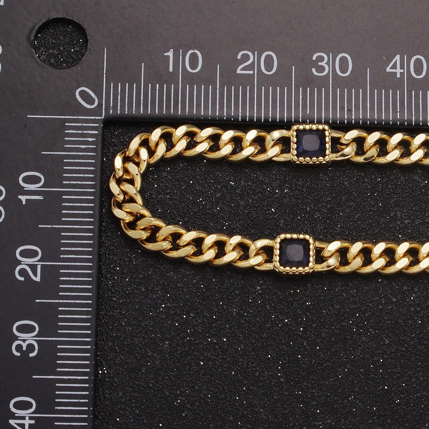 24k gold filled flat curb chain with cubic zirconia cz square connector, 4.5mm in width unfinished curb chain by meter for jewelry making