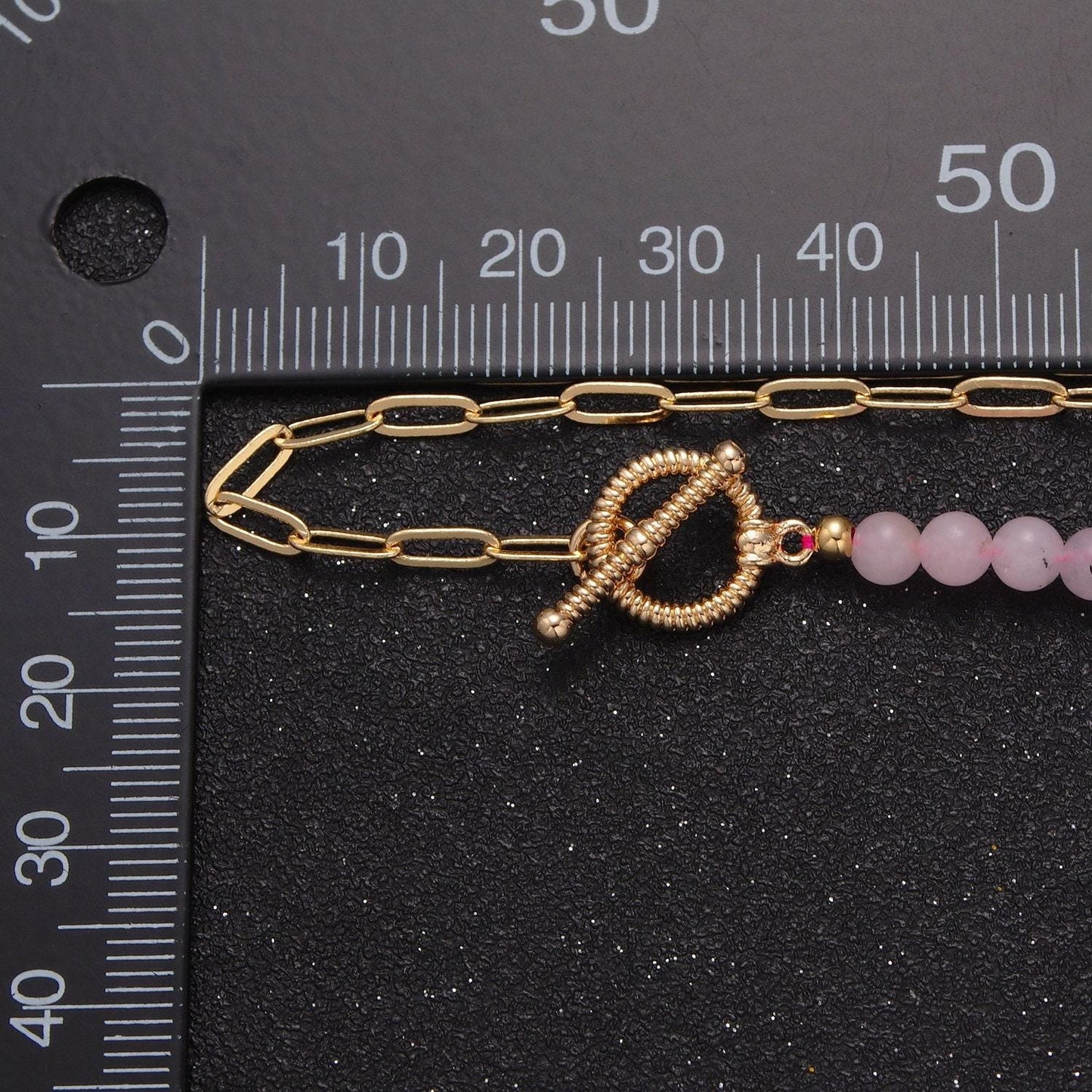 Dainty half bead half link chain necklace, 24k gold filled paperclip chain with pink jade necklace toggle clasp wa-970
