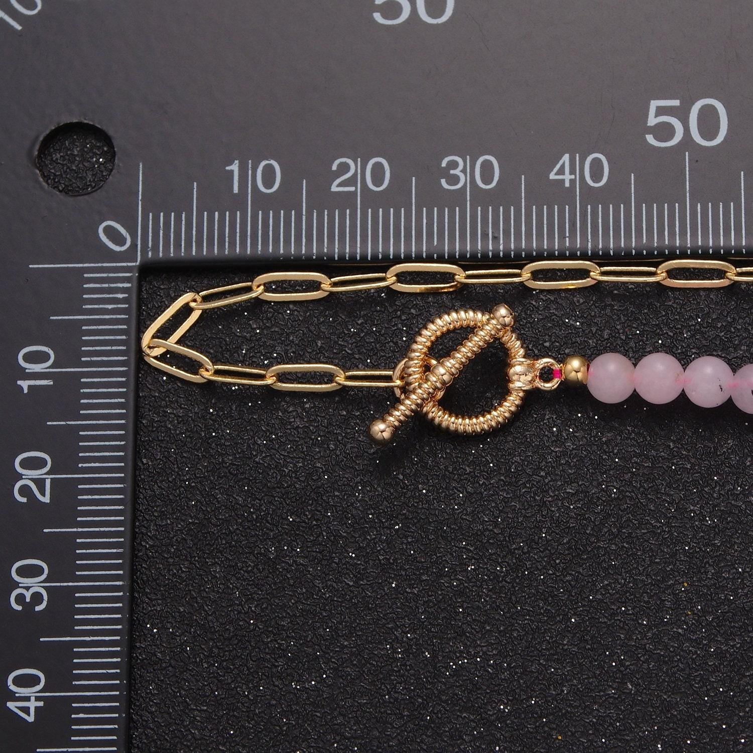 Dainty half bead half link chain necklace, 24k gold filled paperclip chain with pink jade necklace toggle clasp wa-970