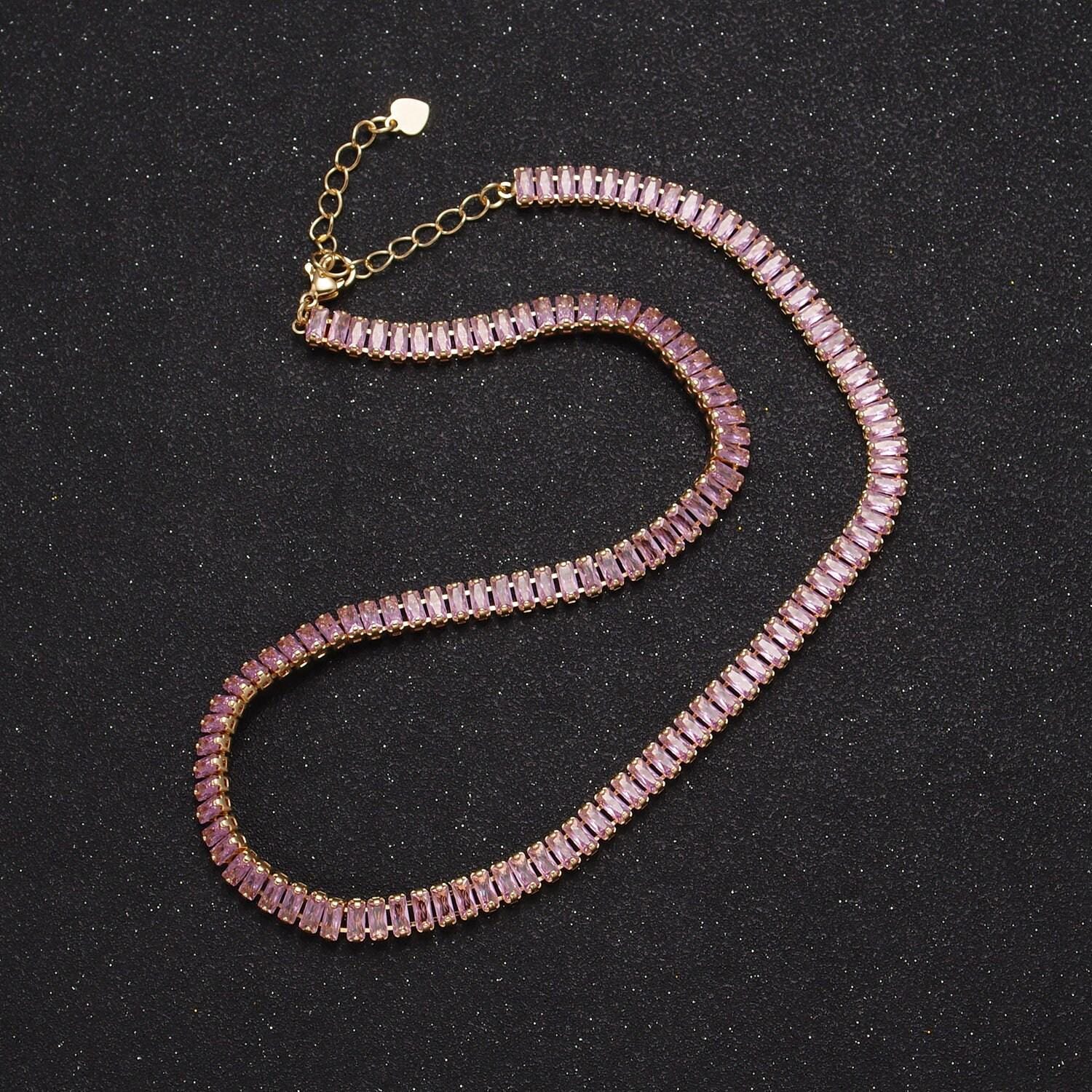 24k gold filled 15.7 inch baguette tennis chain with 2 inch extender, cubic zirconia cz choker necklace, wa-938