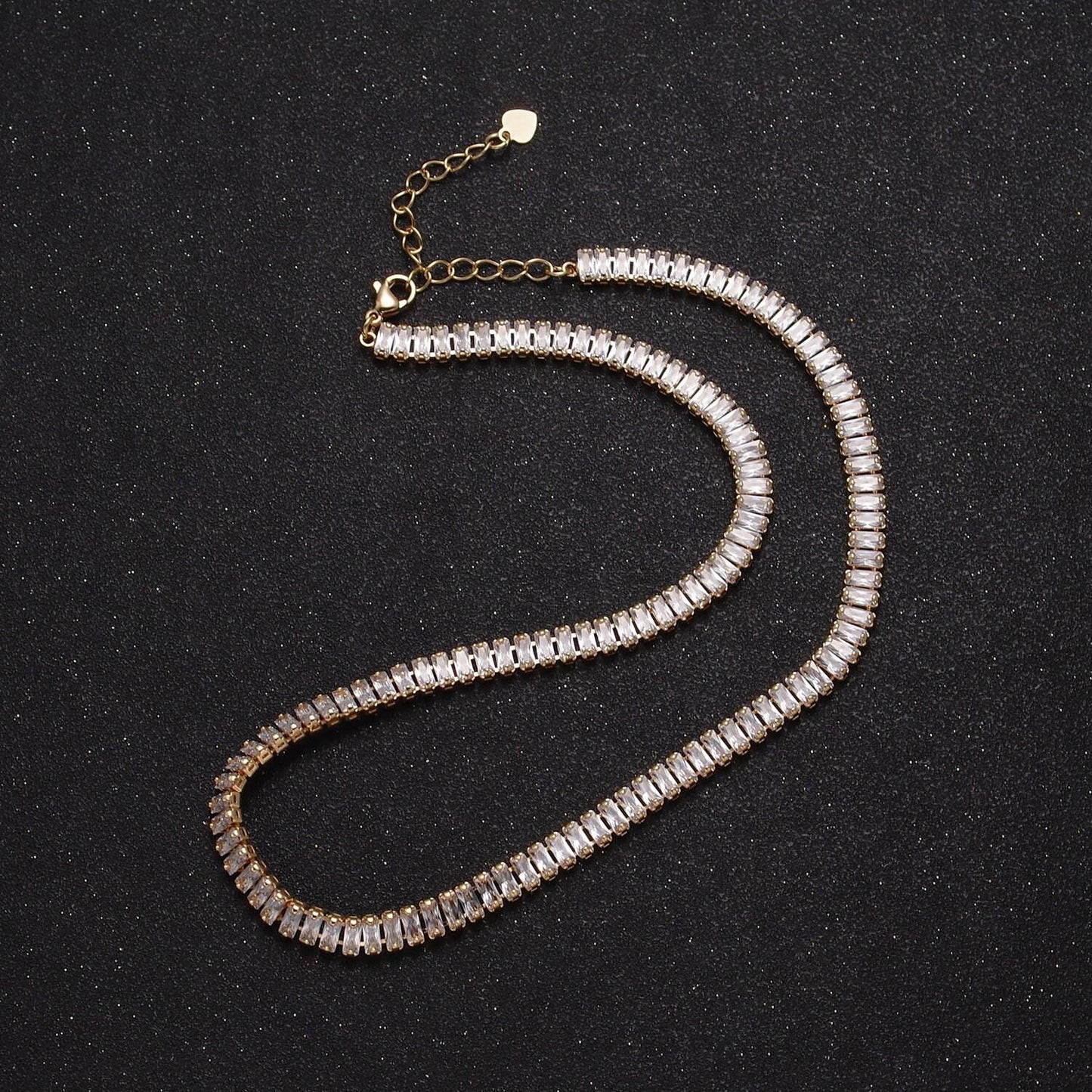 24k gold filled 15.7 inch baguette tennis chain with 2 inch extender, cubic zirconia cz choker necklace, wa-938