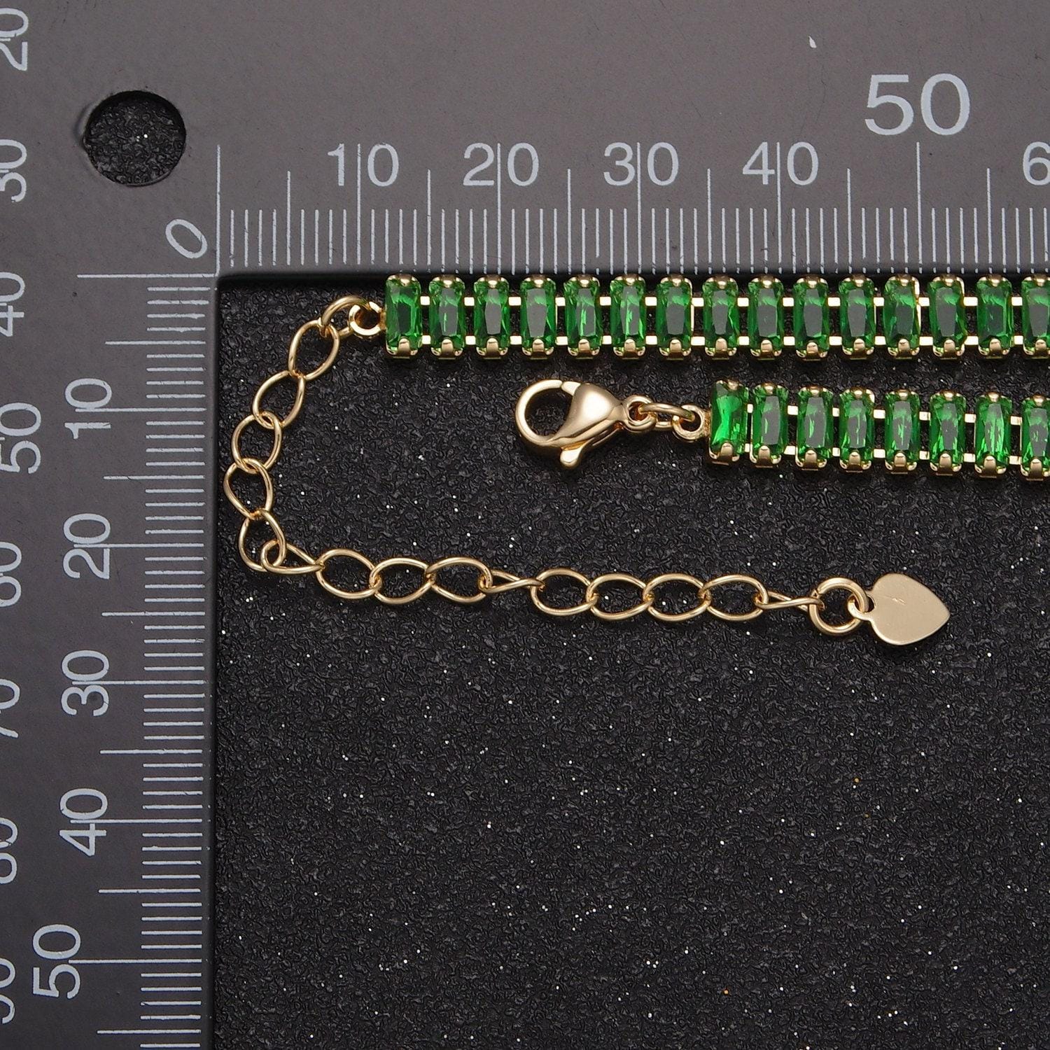24k gold filled 15.7 inch baguette tennis chain with 2 inch extender, cubic zirconia cz choker necklace, wa-938
