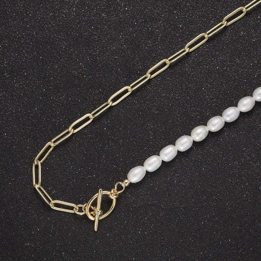 Half beaded half chain necklace in 18k gold fill | layer necklace paper clip chain rectangle | white freshwater pearl wa-863