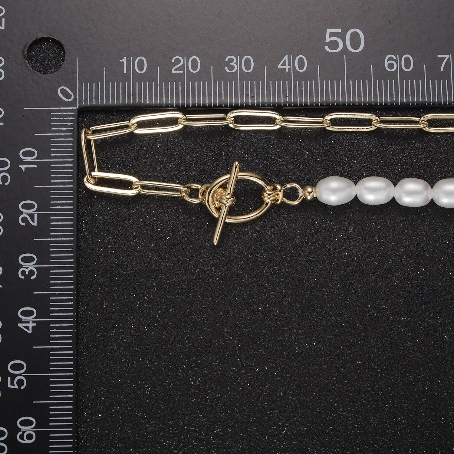 Half beaded half chain necklace in 18k gold fill | layer necklace paper clip chain rectangle | white freshwater pearl wa-863