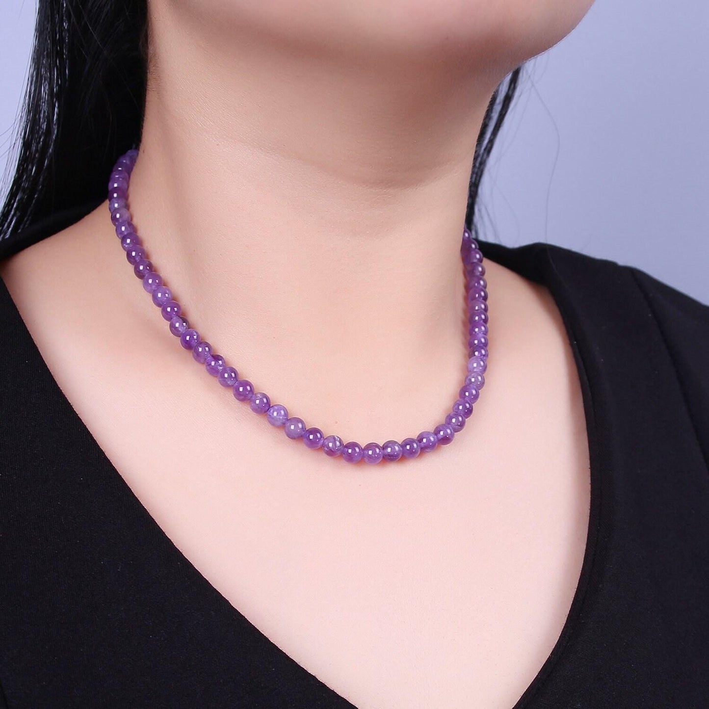 Dainty natural amethyst beaded necklace, 6mm purple amethyst smooth round bead necklace 18k gold filled gemstone necklace jewelry wa-860