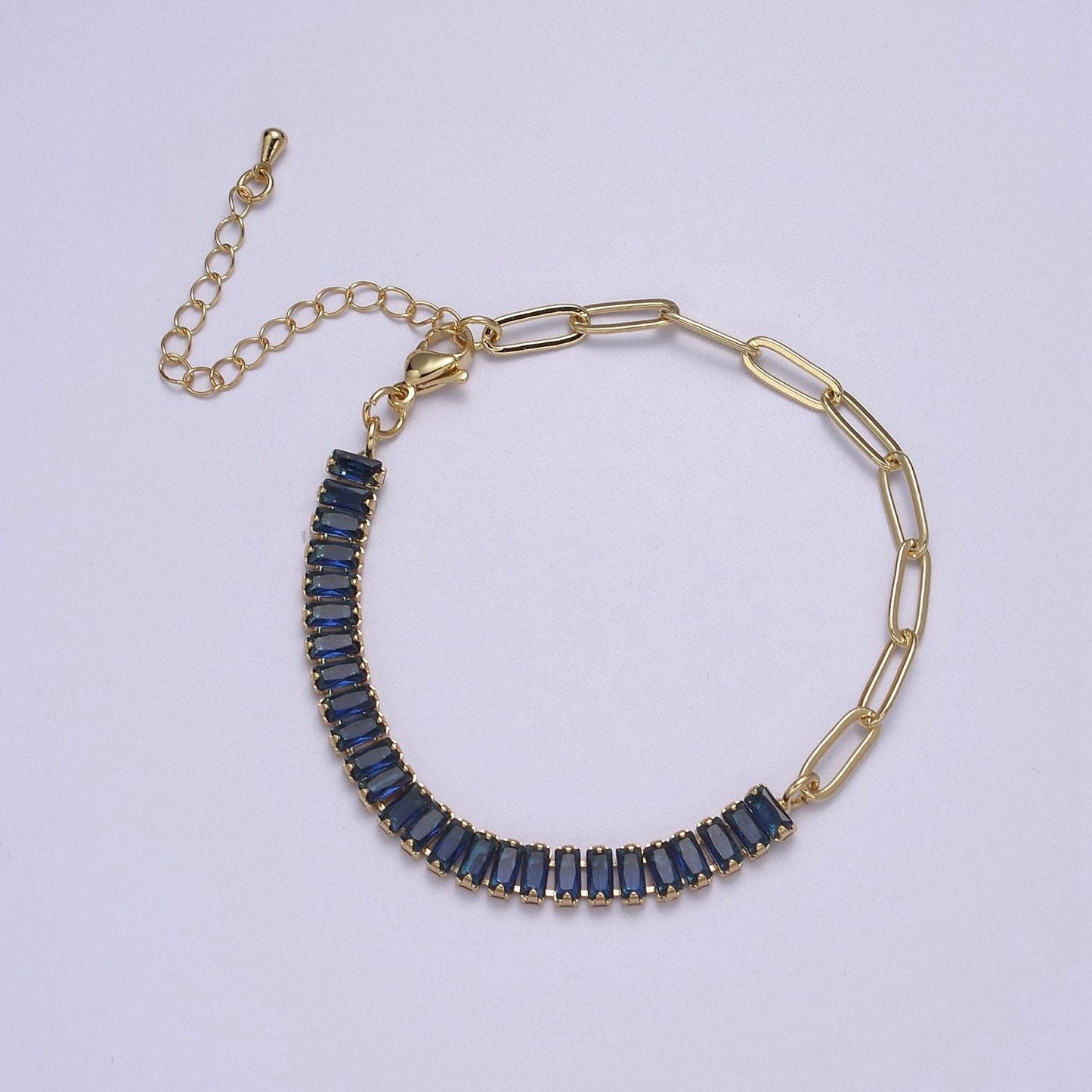 Gold half tennis half paper clip bracelet cz tennis stacking gold filled adjustable bracelet in blue green purple pink rainbow clear stone