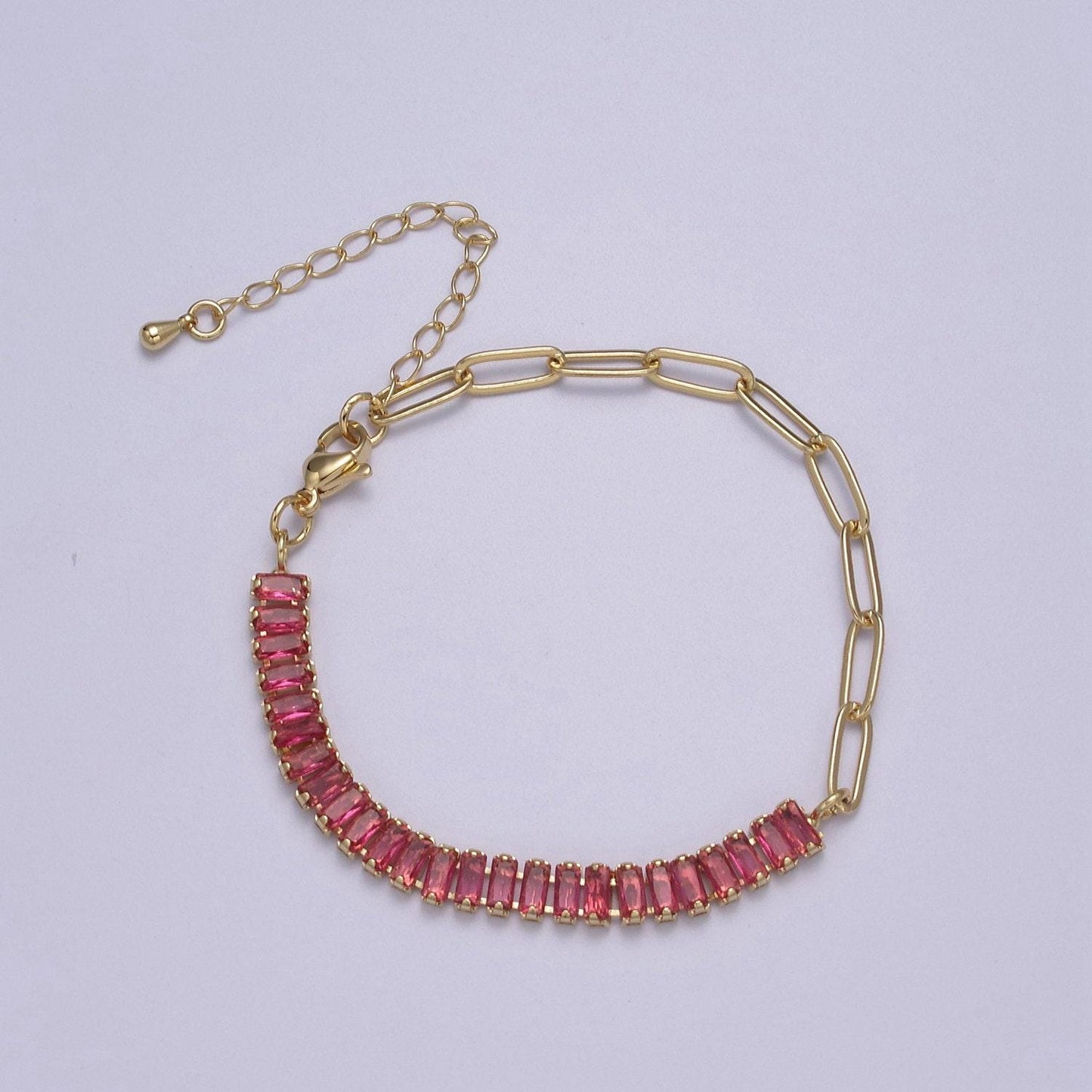 Gold half tennis half paper clip bracelet cz tennis stacking gold filled adjustable bracelet in blue green purple pink rainbow clear stone