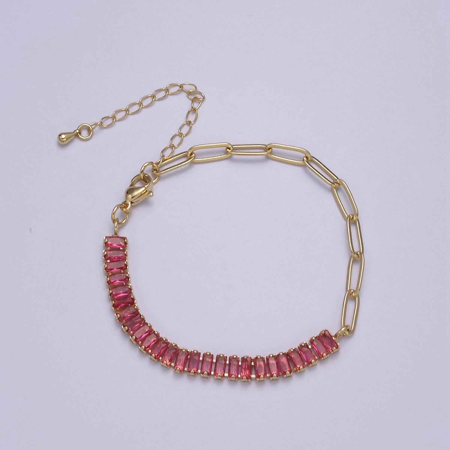 Gold half tennis half paper clip bracelet cz tennis stacking gold filled adjustable bracelet in blue green purple pink rainbow clear stone