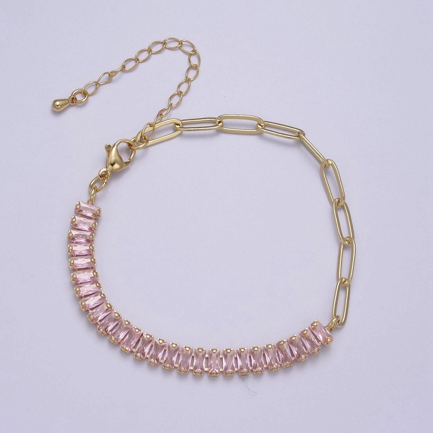 Gold half tennis half paper clip bracelet cz tennis stacking gold filled adjustable bracelet in blue green purple pink rainbow clear stone