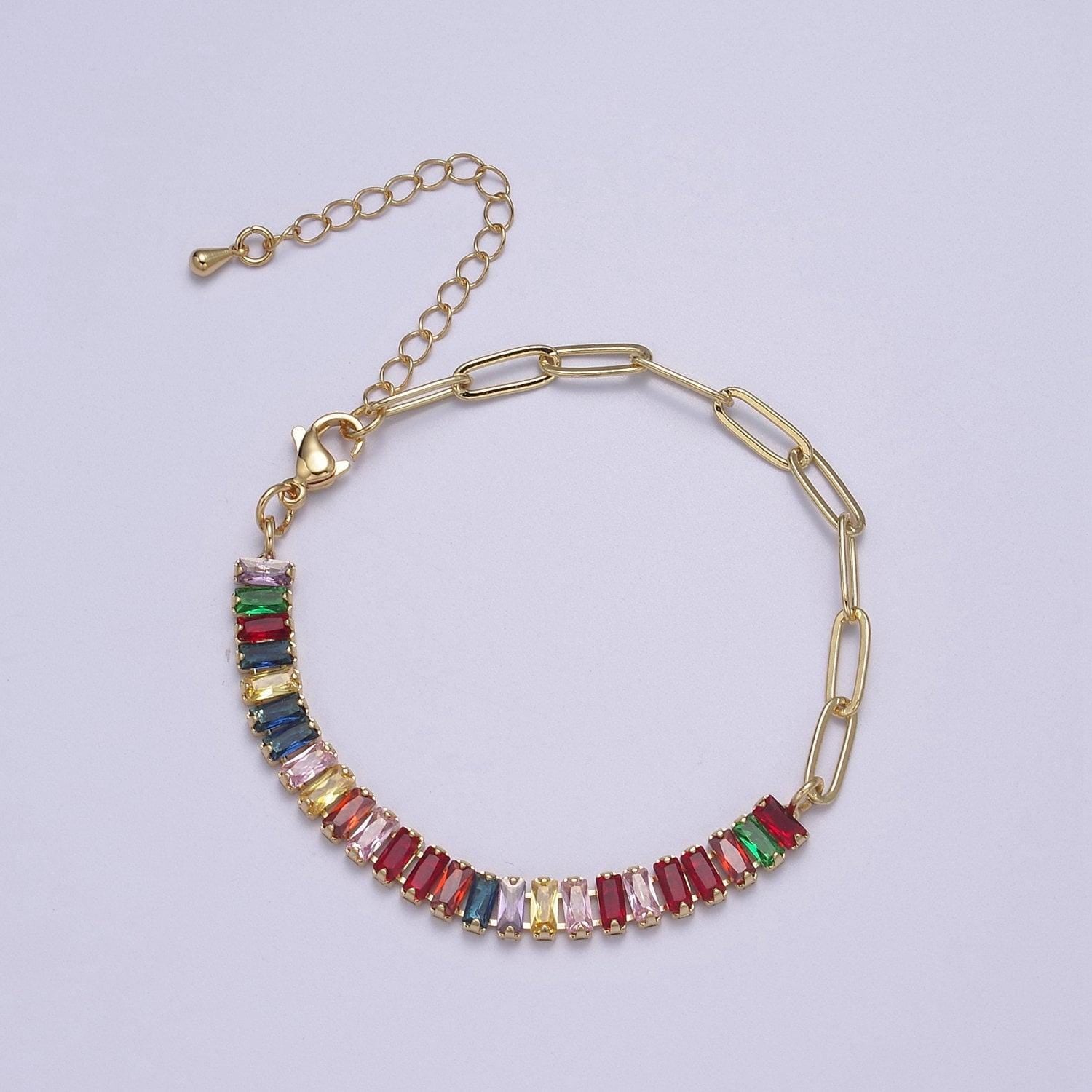 Gold half tennis half paper clip bracelet cz tennis stacking gold filled adjustable bracelet in blue green purple pink rainbow clear stone