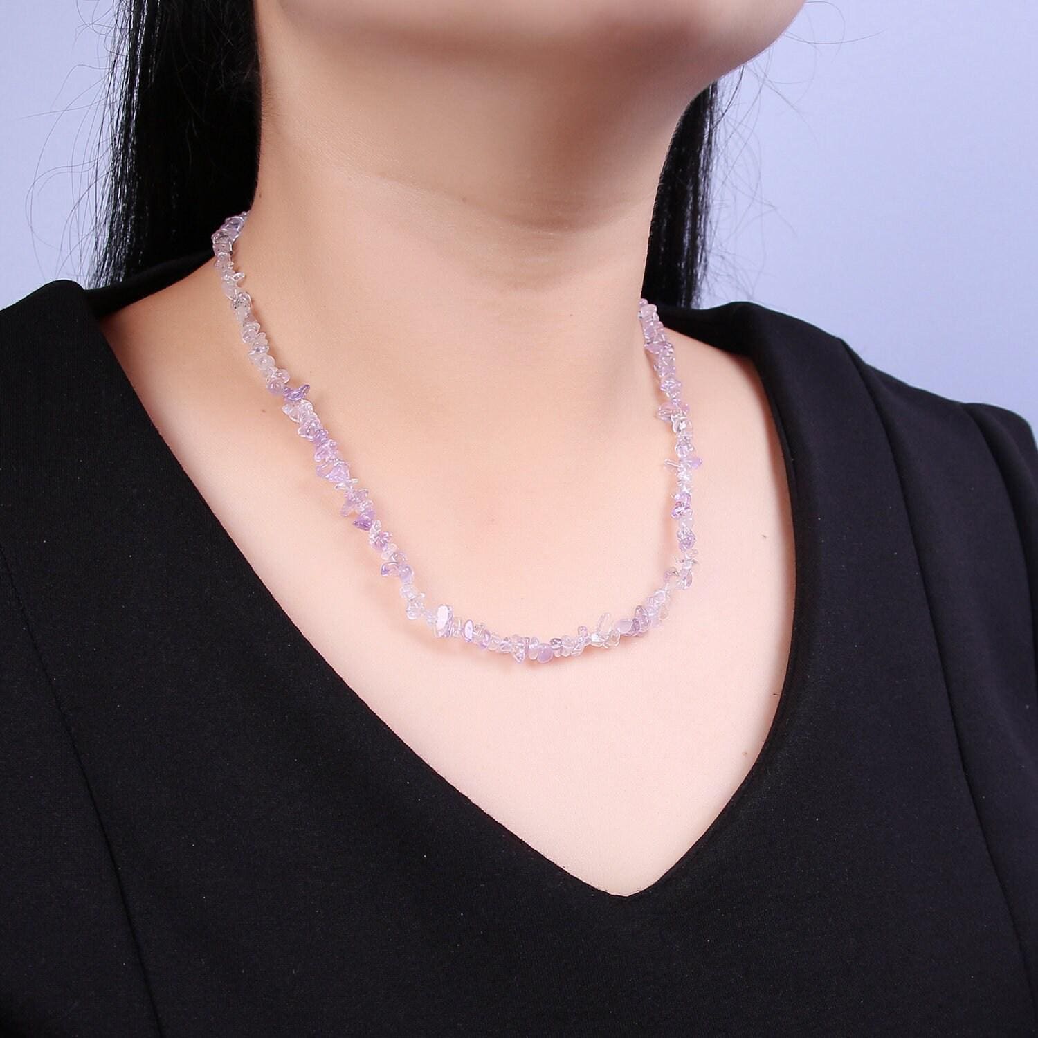 Clear purple amethyst beaded necklace - 18.5" chip necklace healing crystals, gemstone necklace, handmade jewelry, crystal necklace wa-646