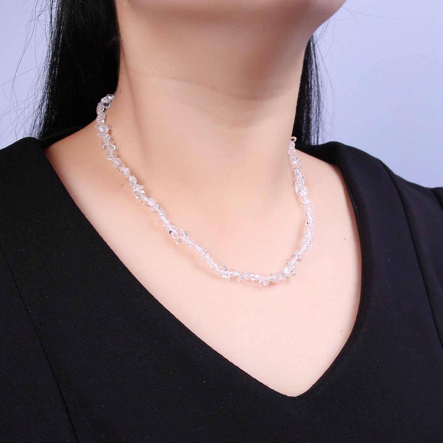 Clear white opalite beaded necklace - 17.2" chip necklace healing crystals, gemstone necklace, handmade jewelry, crystal necklace wa-645