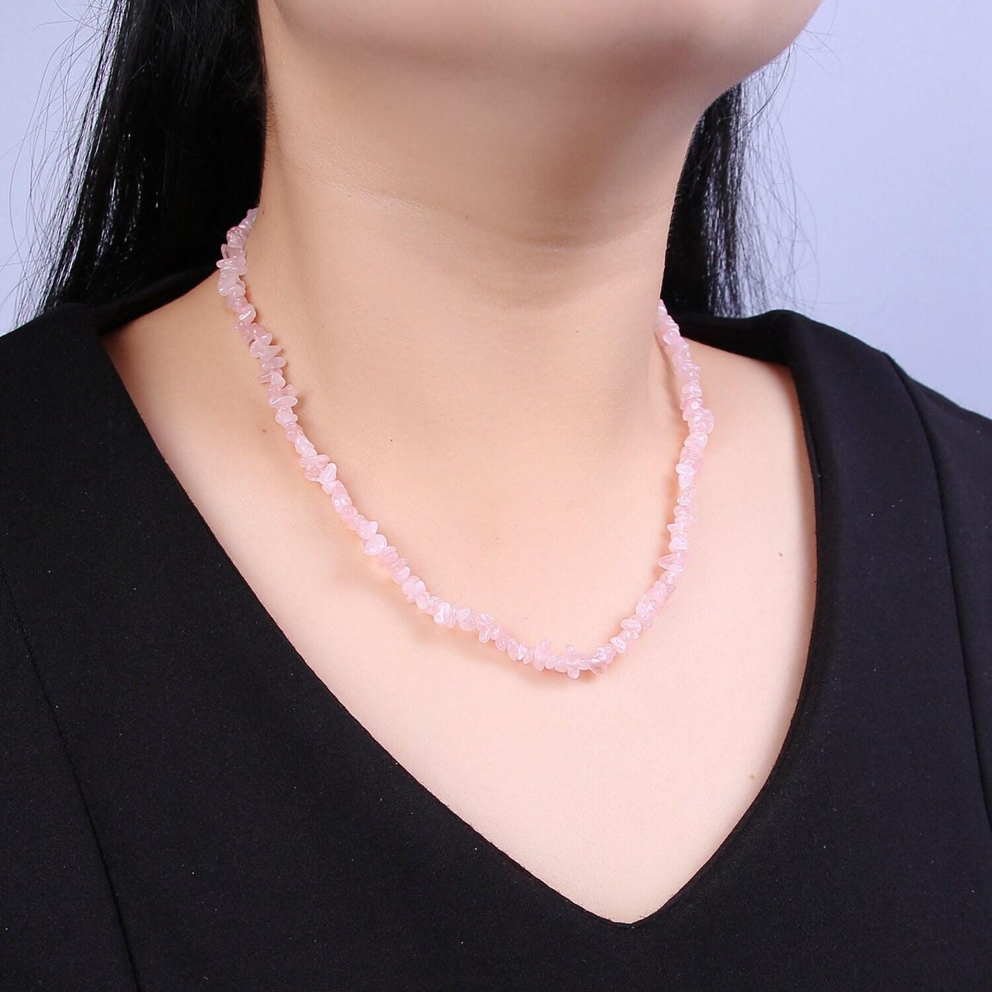 Pink quartz beaded necklace - 17.5" chip necklace healing crystals, gemstone necklace, handmade jewelry, crystal necklace wa-637