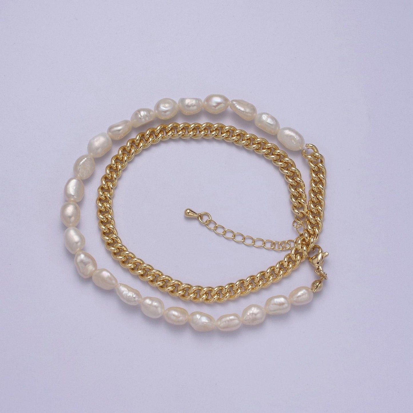 14k gold filled half 5mm freshwater pearl curb chain 16 inch choker necklace | wa-612