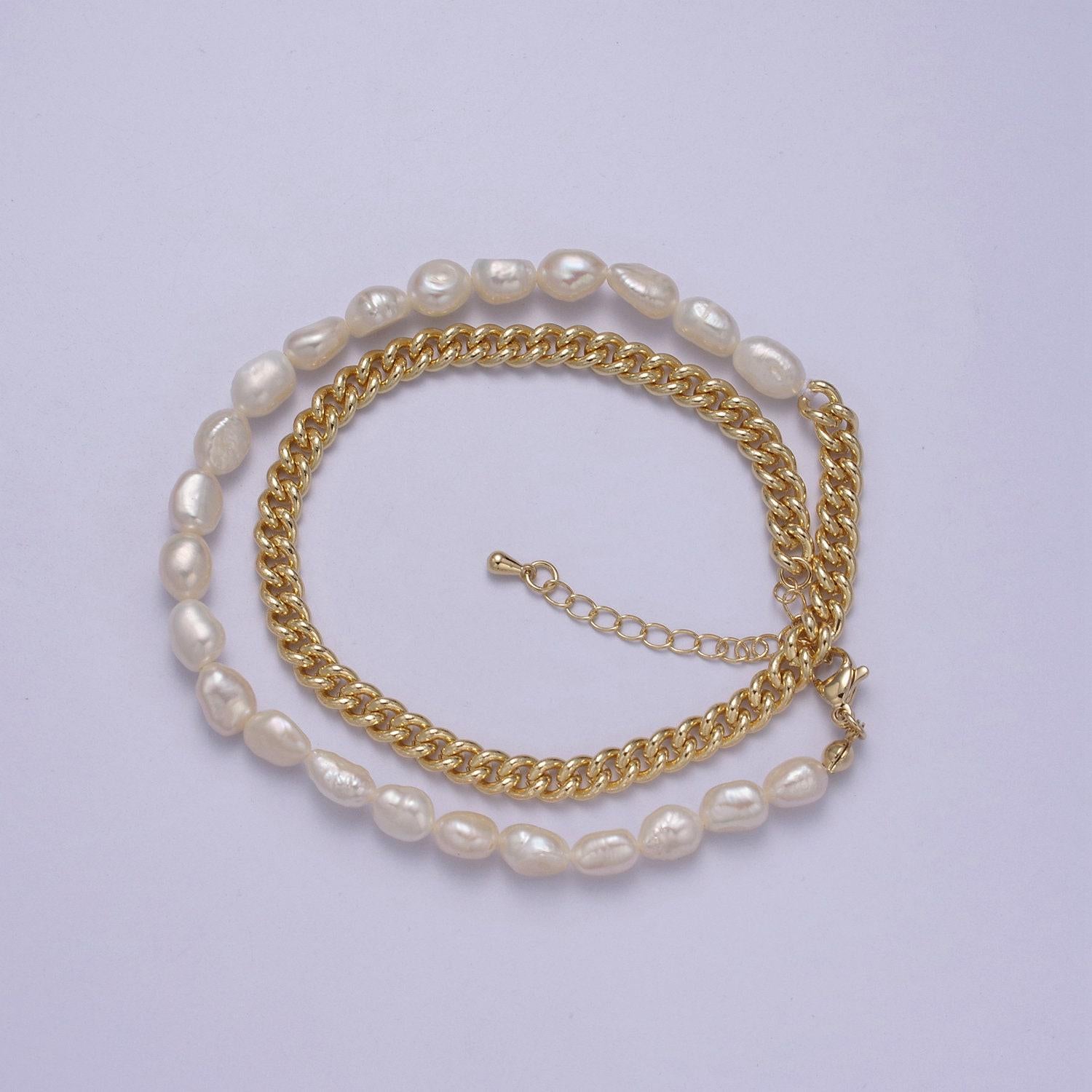 14k gold filled half 5mm freshwater pearl curb chain 16 inch choker necklace | wa-612