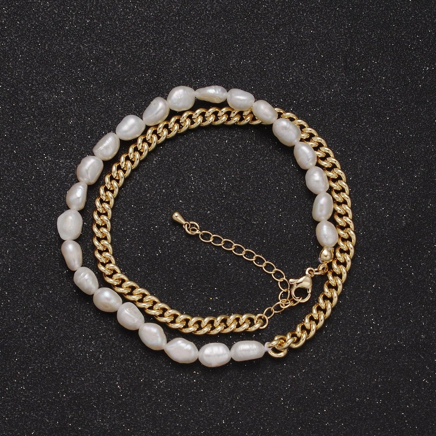 14k gold filled half 5mm freshwater pearl curb chain 16 inch choker necklace | wa-612