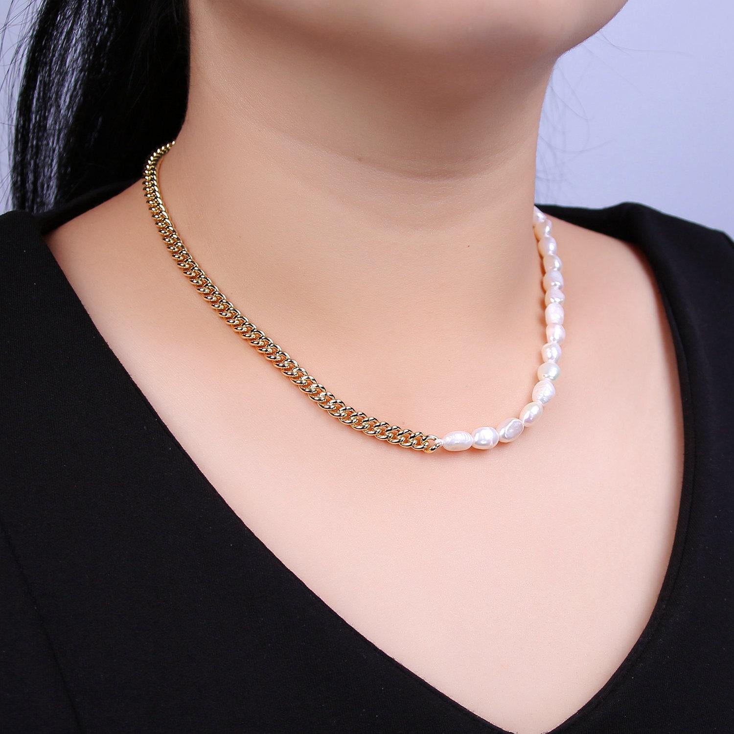 14k gold filled half 5mm freshwater pearl curb chain 16 inch choker necklace | wa-612