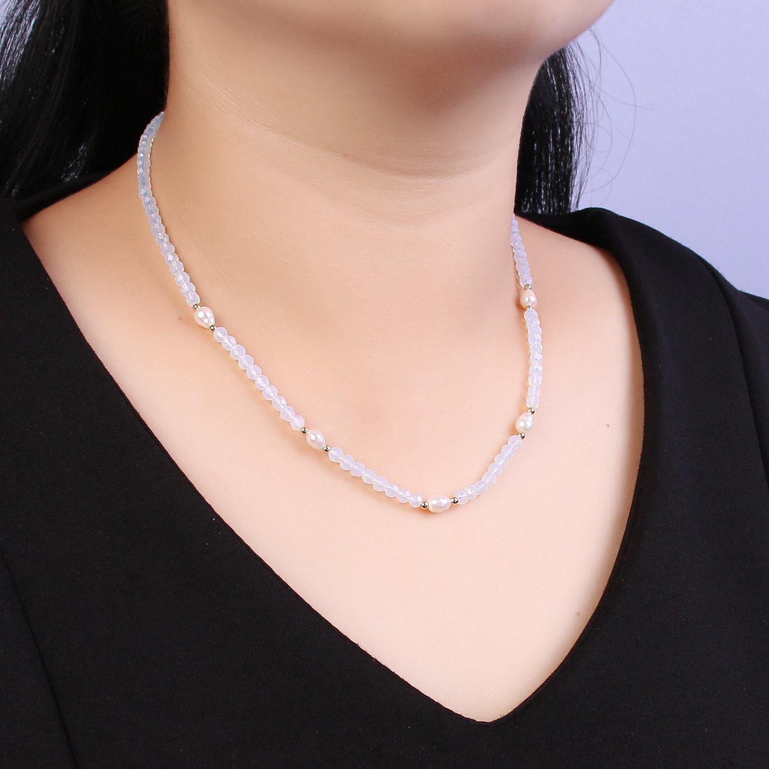 Pearl with clear glass beaded necklace, clear faceted rondell beads necklace wa-594