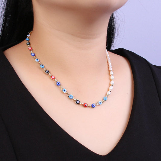 Fusion evil eye necklace , freshwater pearl necklace amulet protection necklace for layering | wa-587