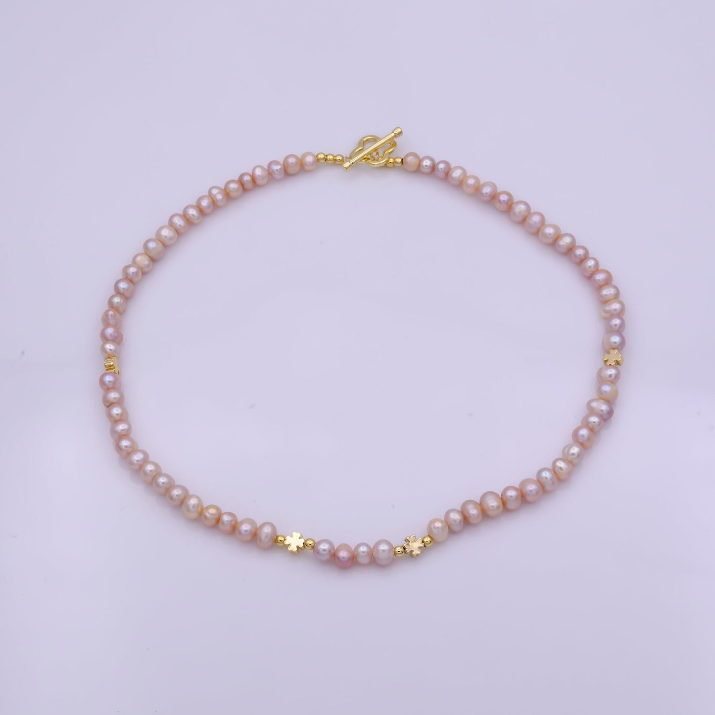Peach pearl necklace, fresh water pearl baroque chain choker necklace 16.2" necklace cross beaded gold chain wa-410