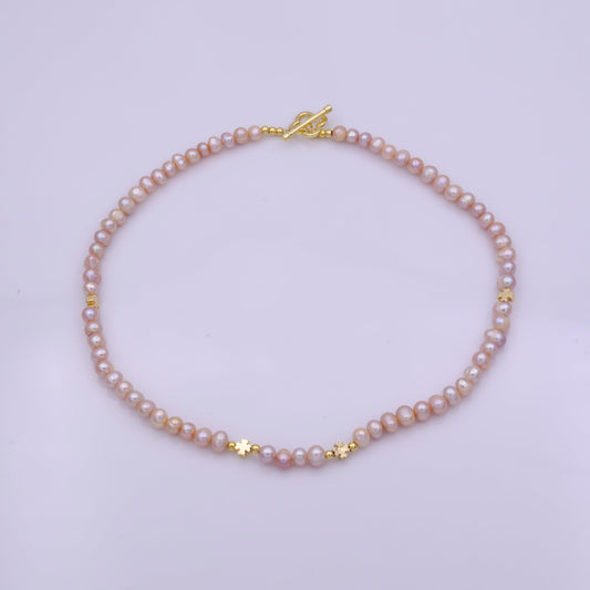 Peach pearl necklace, fresh water pearl baroque chain choker necklace 16.2" necklace cross beaded gold chain wa-410
