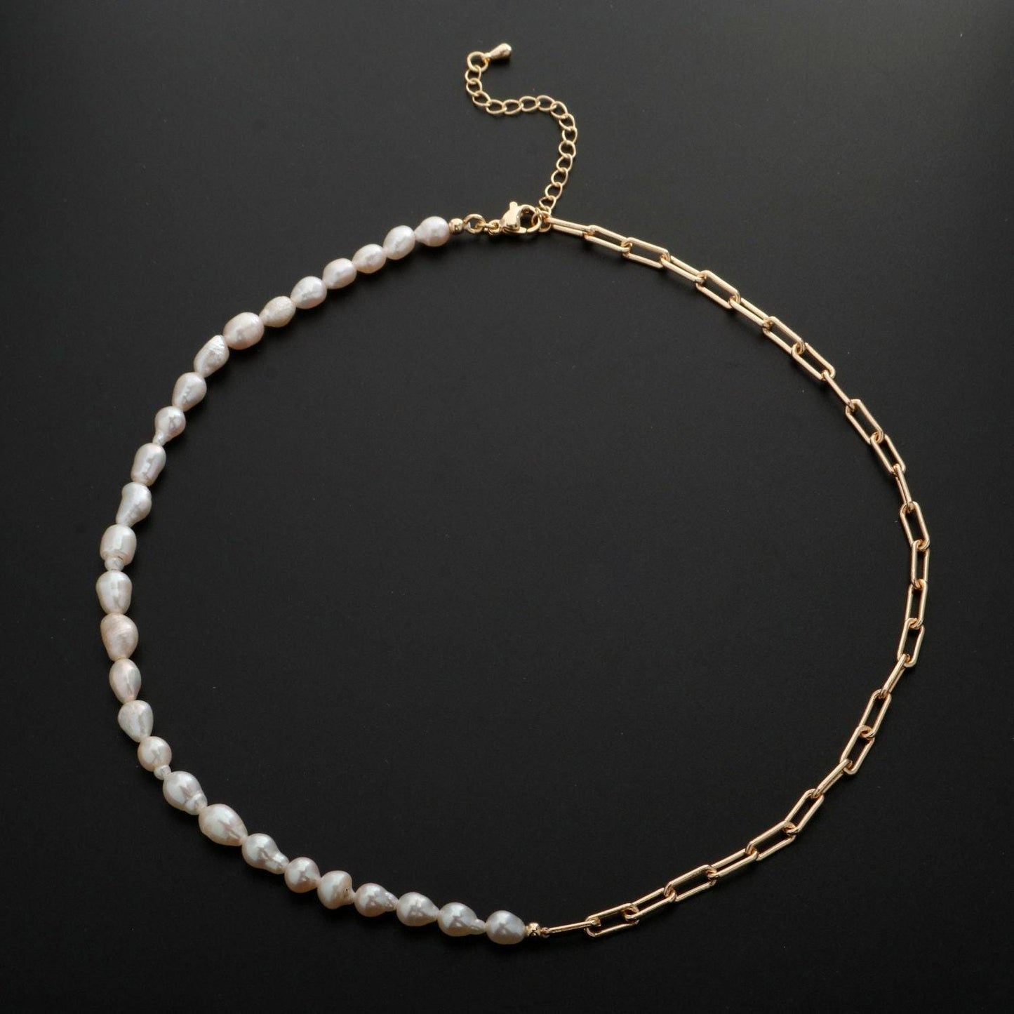 Pearl choker necklace, stadium link chain necklace, pearl necklace, 16.5" +2 " extender necklace mix metal beaded gold chain, wa-331