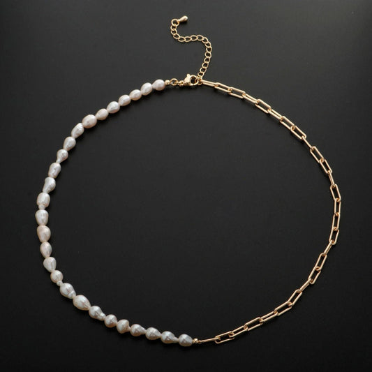 Pearl choker necklace, stadium link chain necklace, pearl necklace, 16.5" +2 " extender necklace mix metal beaded gold chain, wa-331