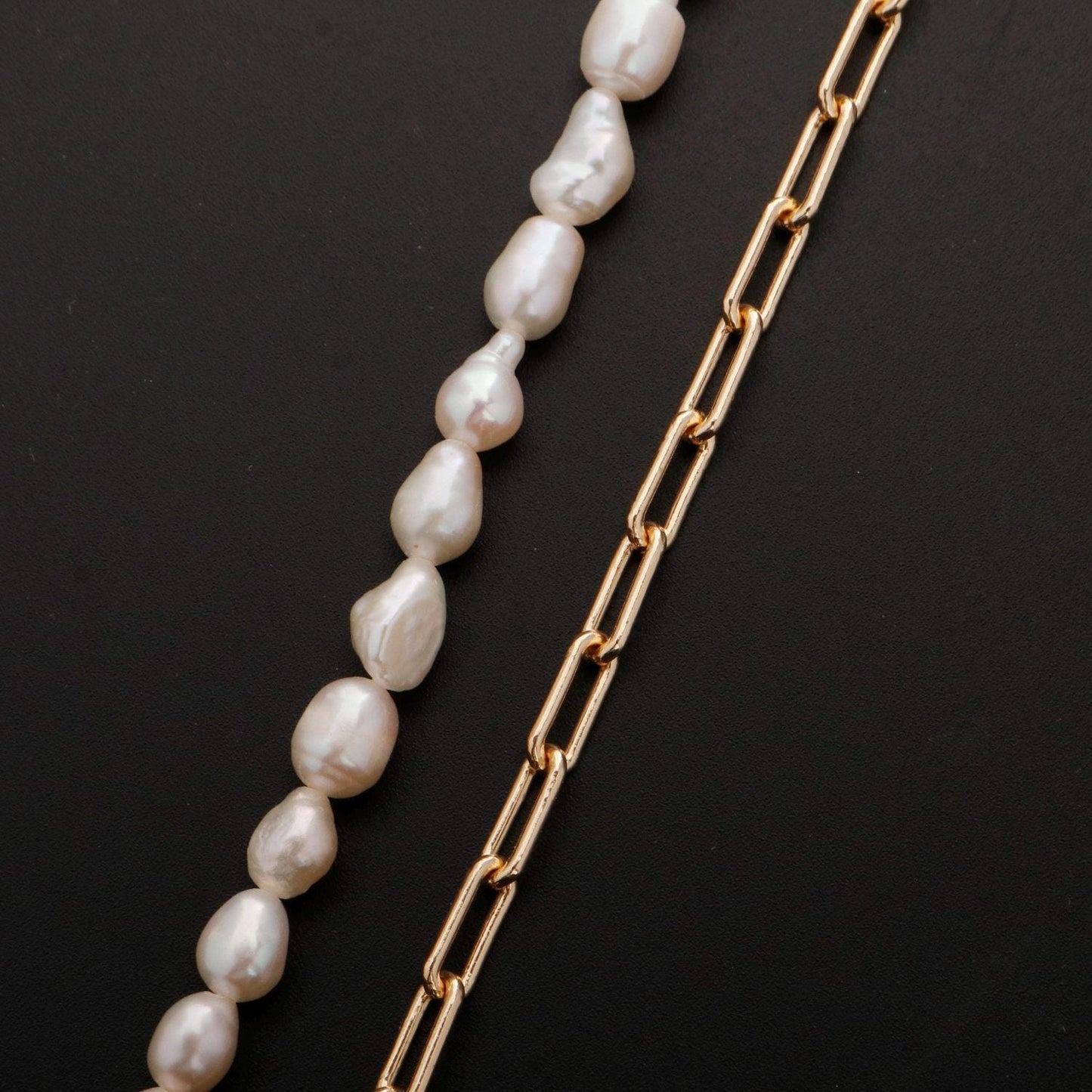 Pearl choker necklace, stadium link chain necklace, pearl necklace, 16.5" +2 " extender necklace mix metal beaded gold chain, wa-331