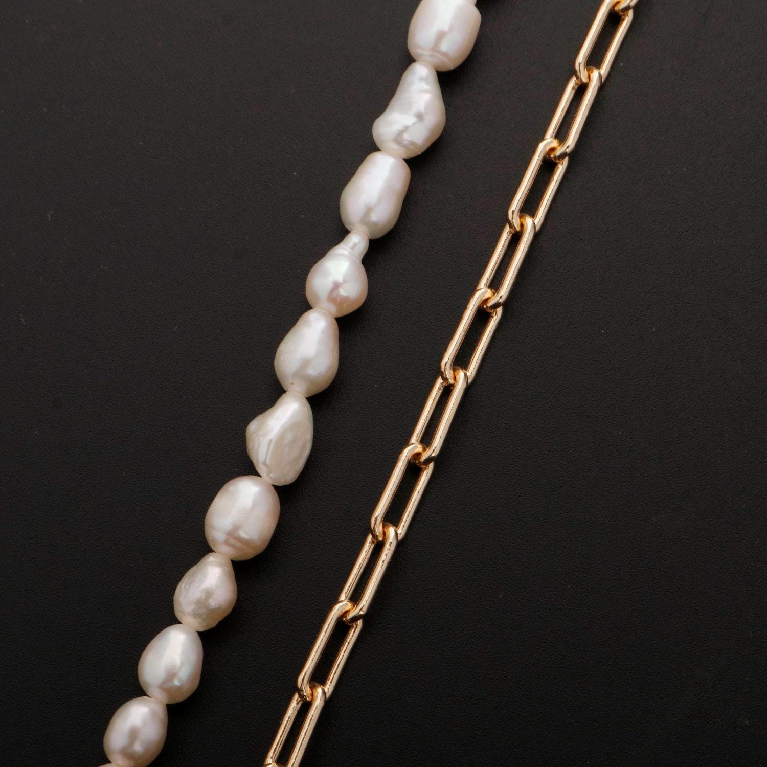 Pearl choker necklace, stadium link chain necklace, pearl necklace, 16.5" +2 " extender necklace mix metal beaded gold chain, wa-331