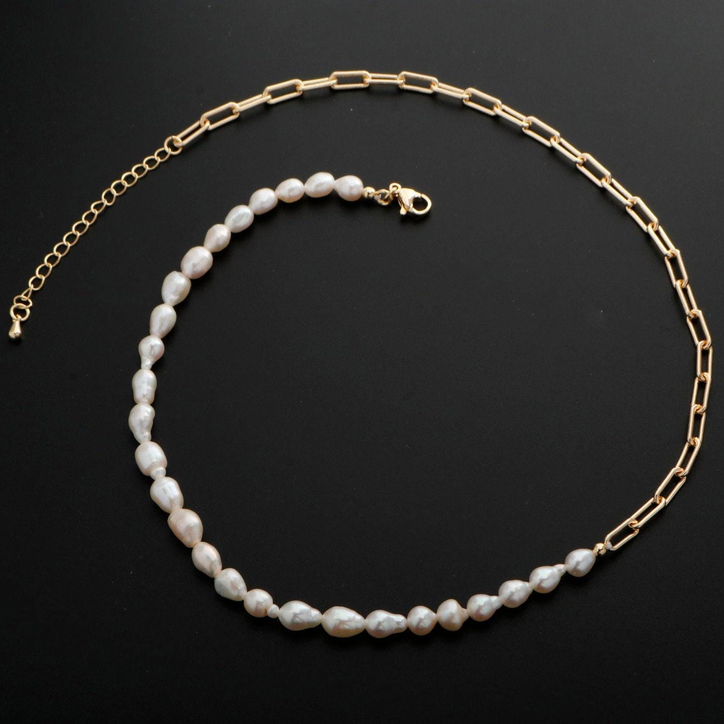 Pearl choker necklace, stadium link chain necklace, pearl necklace, 16.5" +2 " extender necklace mix metal beaded gold chain, wa-331