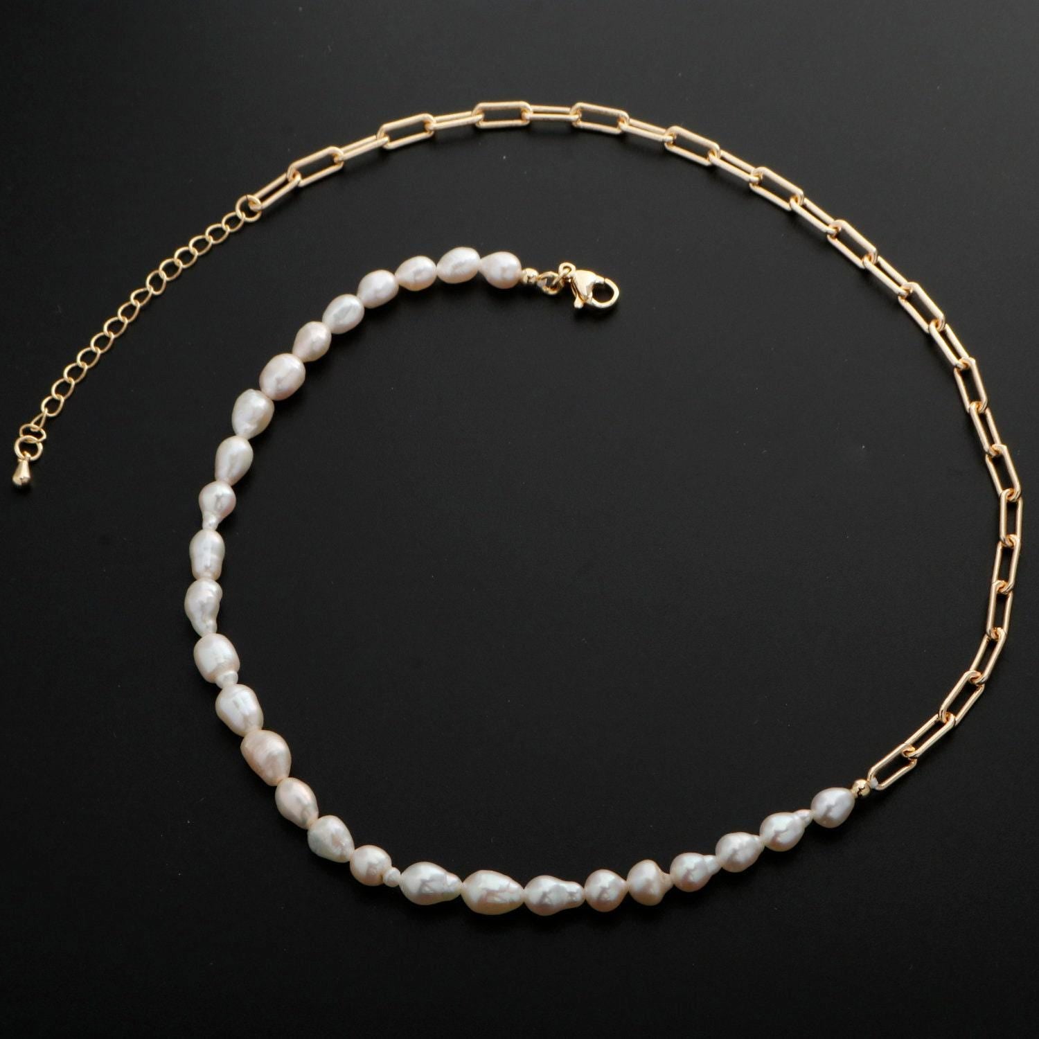 Pearl choker necklace, stadium link chain necklace, pearl necklace, 16.5" +2 " extender necklace mix metal beaded gold chain, wa-331