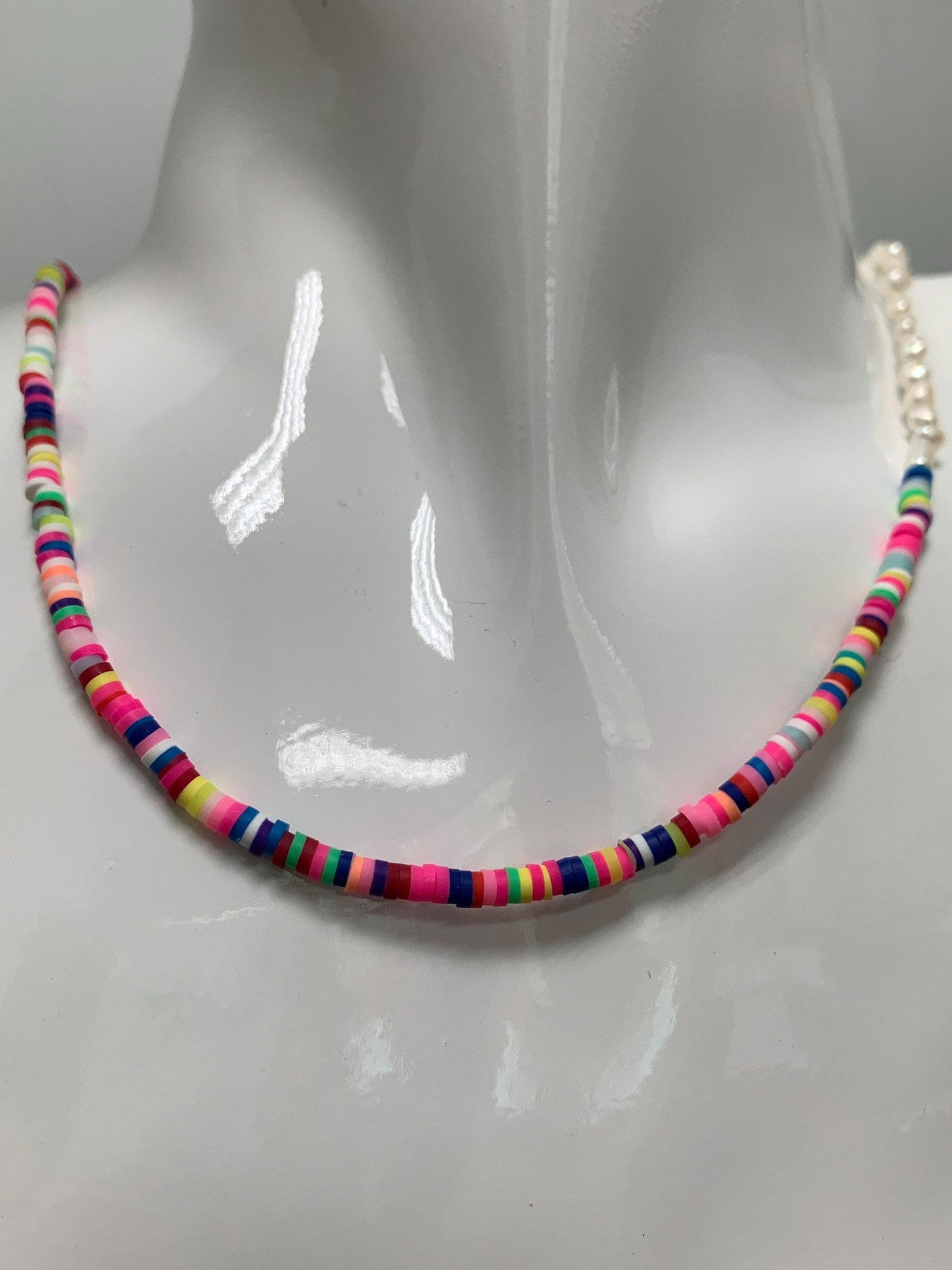 Pearl necklace and rainbow polymer clay beaded necklace y2k jewelry 90s trend inspired 17 inch + 2 inch extender handmade necklace, wa-284