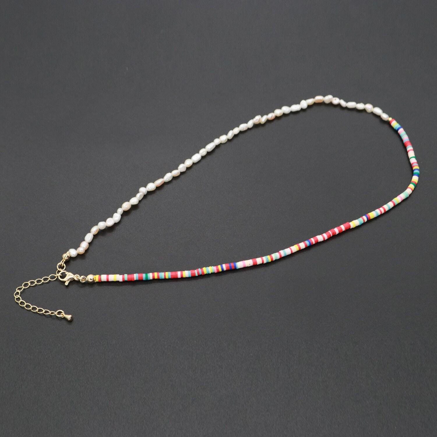 Pearl necklace and rainbow polymer clay beaded necklace y2k jewelry 90s trend inspired 17 inch + 2 inch extender handmade necklace, wa-284