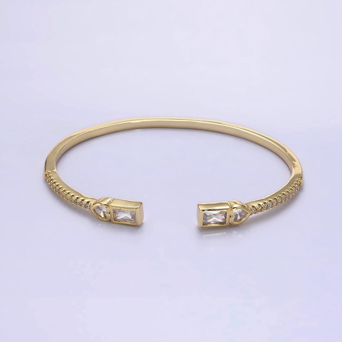 14k gold filled clear, green, pink baguette heart cz micro paved cuff bracelet in gold & silver | wa-2124 ~ wa-2128