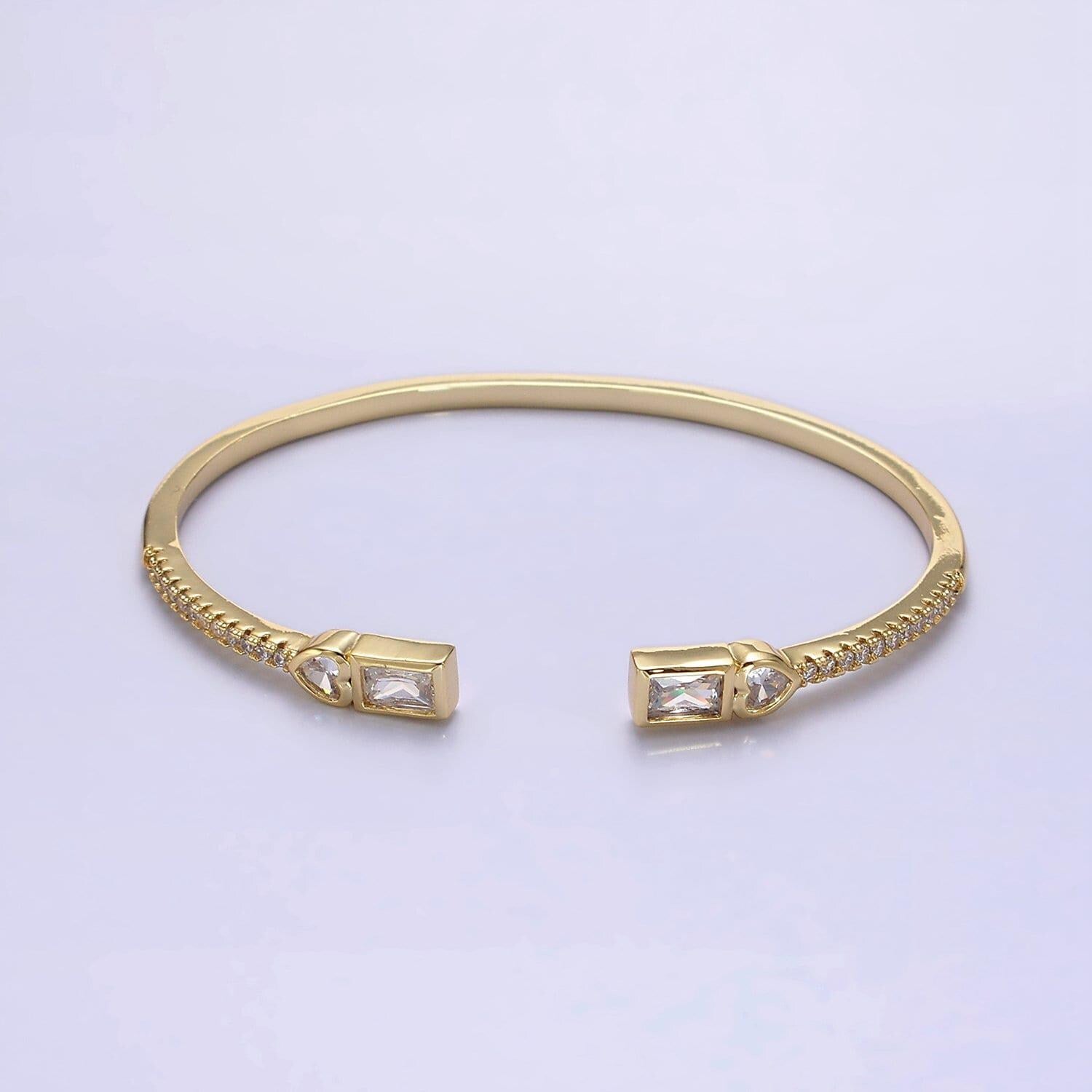14k gold filled clear, green, pink baguette heart cz micro paved cuff bracelet in gold & silver | wa-2124 ~ wa-2128