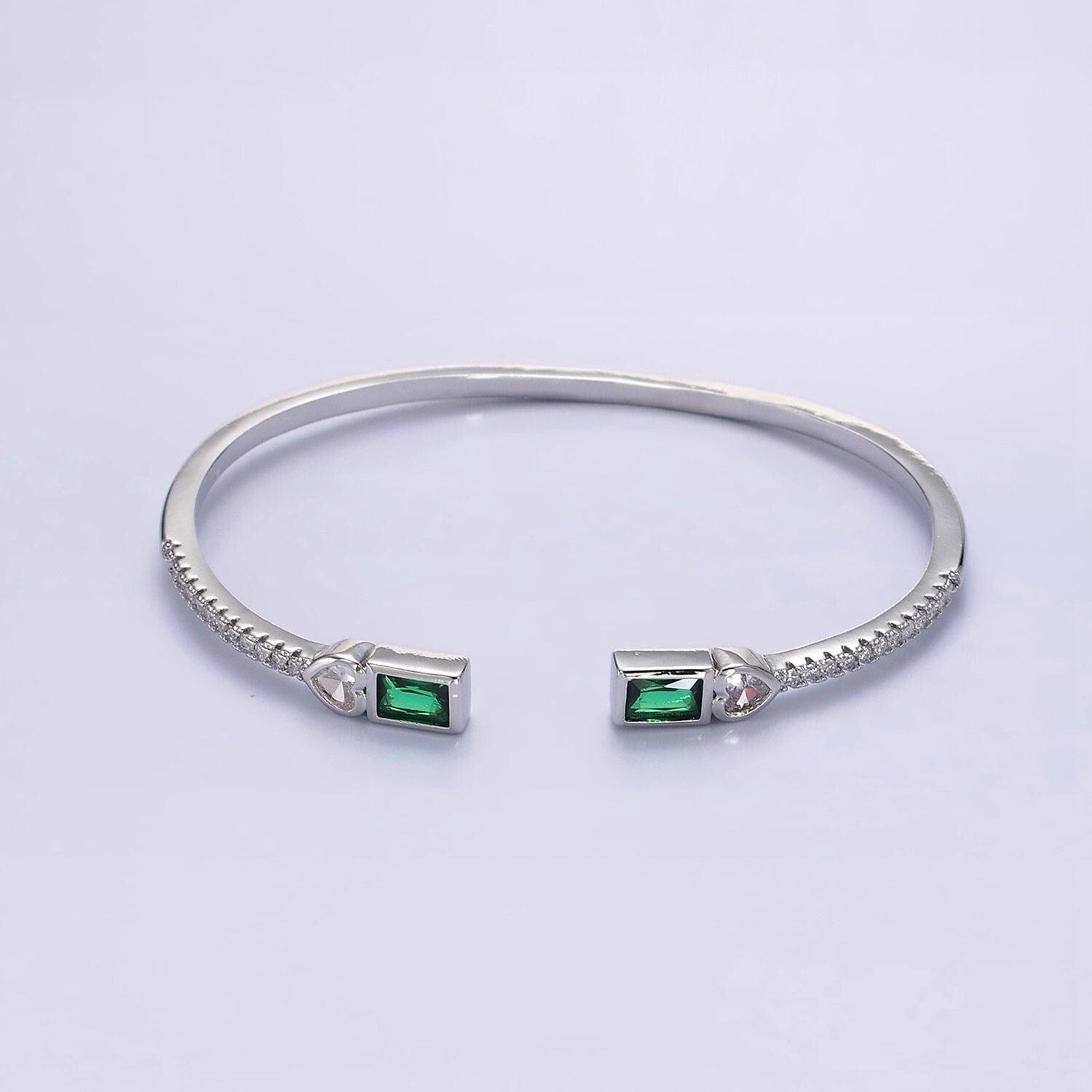 14k gold filled clear, green, pink baguette heart cz micro paved cuff bracelet in gold & silver | wa-2124 ~ wa-2128