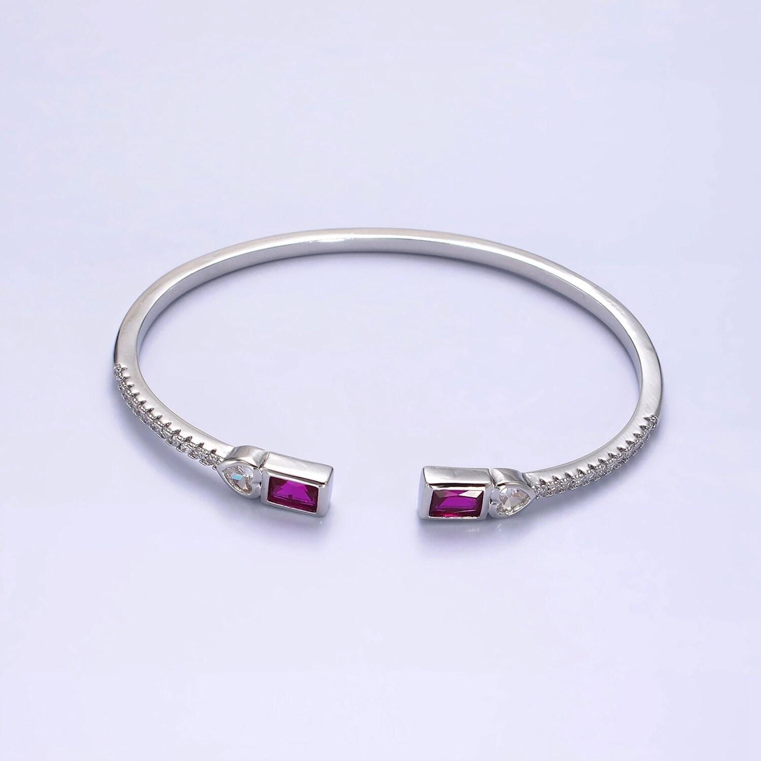 14k gold filled clear, green, pink baguette heart cz micro paved cuff bracelet in gold & silver | wa-2124 ~ wa-2128