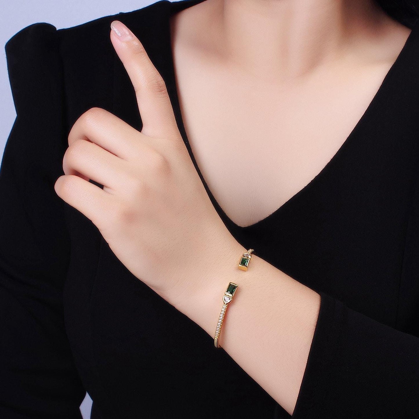 14k gold filled clear, green, pink baguette heart cz micro paved cuff bracelet in gold & silver | wa-2124 ~ wa-2128